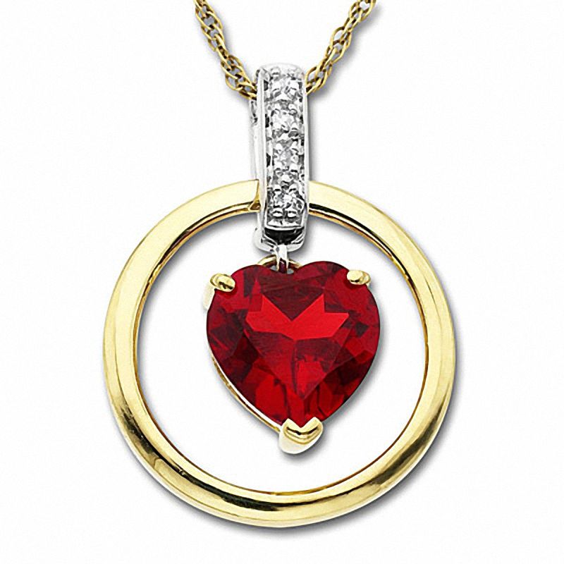 Main Image 1 of Lab-Created Heart-Shaped Ruby Circle Pendant in 10K Gold with Diamond Accents