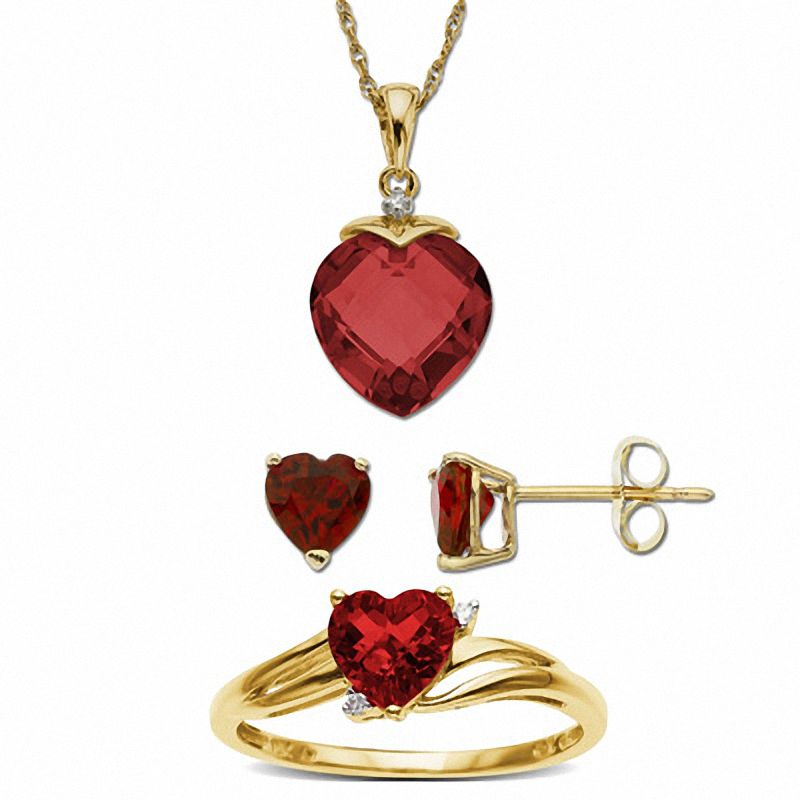 Main Image 1 of Heart Shaped Lab-Created Ruby Earrings, Pendant and Ring Set in 10K Gold with Diamond Accents