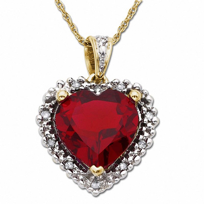 Main Image 1 of Lab-Created Heart-Shaped Ruby Pendant in 10K Gold with Diamond Accents