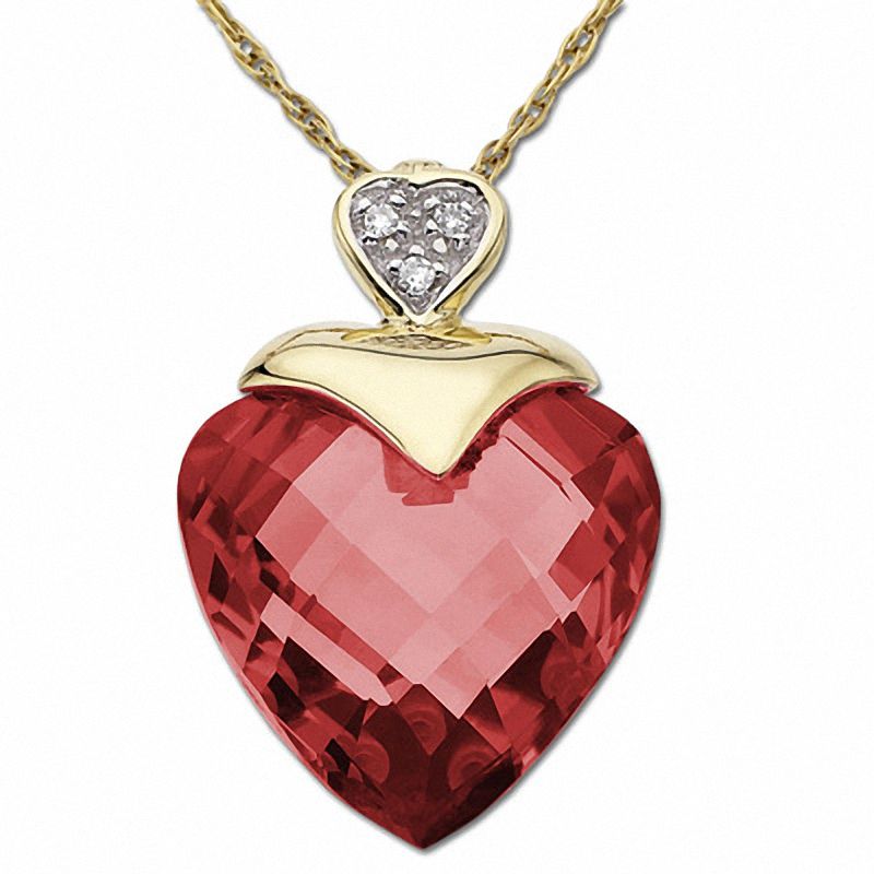 Main Image 1 of Lab-Created Heart-Shaped Ruby Pendant in 10K Gold with Diamond Accents