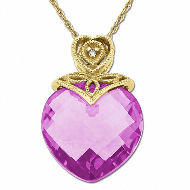 Main Image 1 of Lab-Created Heart-Shaped Pink Sapphire Pendant in 10K Gold with Diamond Accents