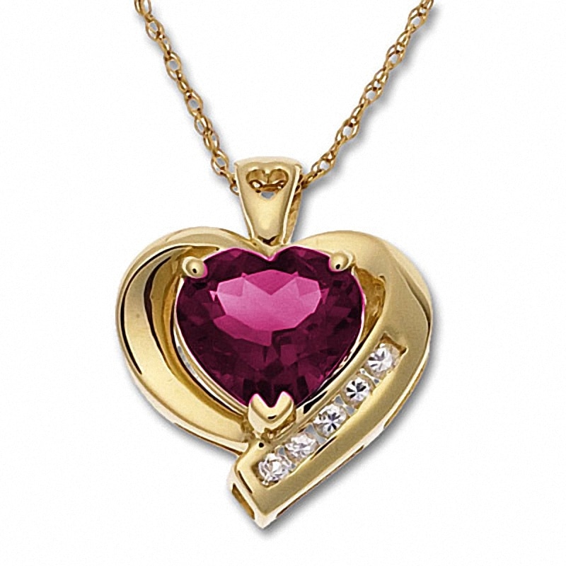 Main Image 1 of Lab-Created Heart-Shaped Pink Sapphire Pendant in 10K Gold with White Sapphire Accents
