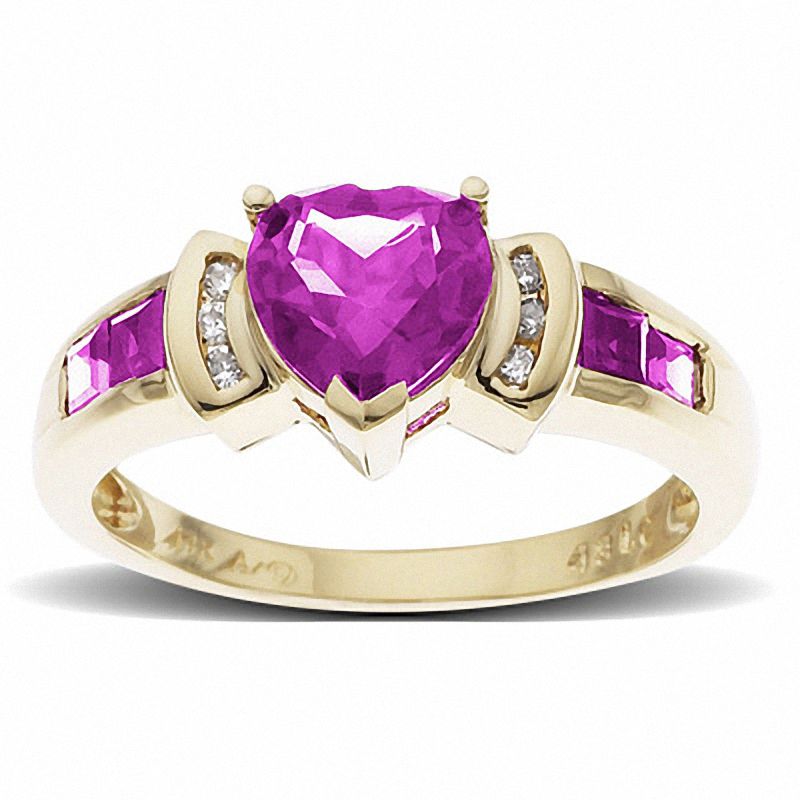 Main Image 1 of Lab-Created Pink Sapphire and Ruby Heart Ring in 10K Gold with Diamond Accents