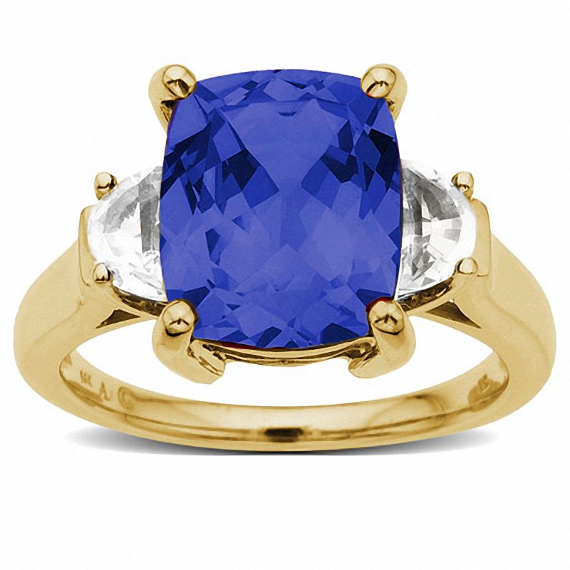 Main Image 1 of Lab-Created Blue Sapphire Three Stone Ring in 10K Gold