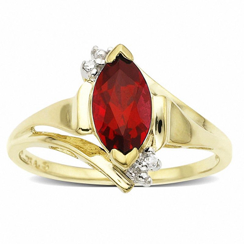 Main Image 1 of Lab-Created Marquise-Shaped Ruby Ring in 10K Gold with Diamond Accents