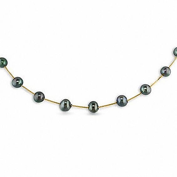 5.0-6.0mm Black Freshwater Cultured Pearl Beaded Station Necklace in 14K Gold-17"