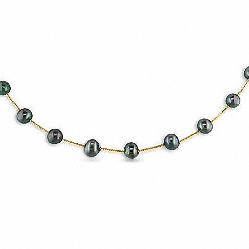 Main Image 1 of 5.0-6.0mm Black Freshwater Cultured Pearl Beaded Station Necklace in 14K Gold-17"