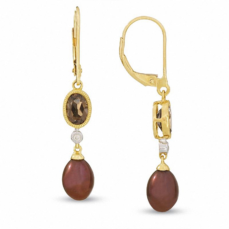 Main Image 1 of Brown Freshwater Cultured Pearl and Smoky Quartz Leverback Earrings in 10K Gold