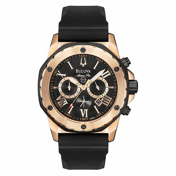 Mens Bulova Marine Star Chronograph Rose-Tone Strap Watch with Black Dial (Model: 98B104)