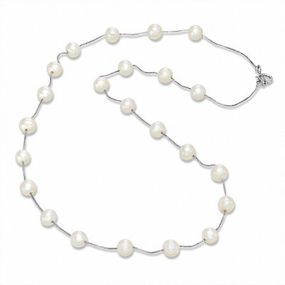 5.0-6.0mm Freshwater Cultured Pearl Beaded Station Necklace in 14K White Gold-17"
