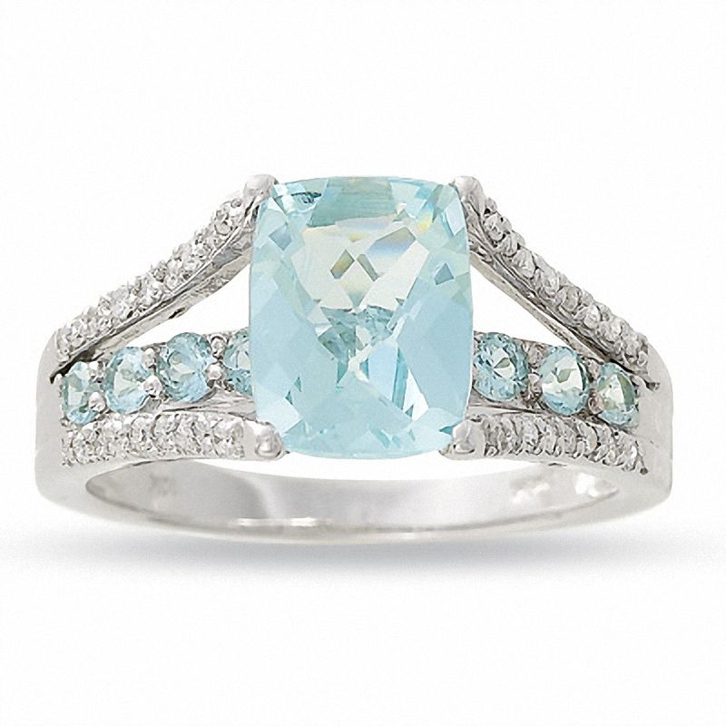 Main Image 1 of Cushion-Cut Aquamarine Bridge Ring in 10K White Gold with Diamond Accents