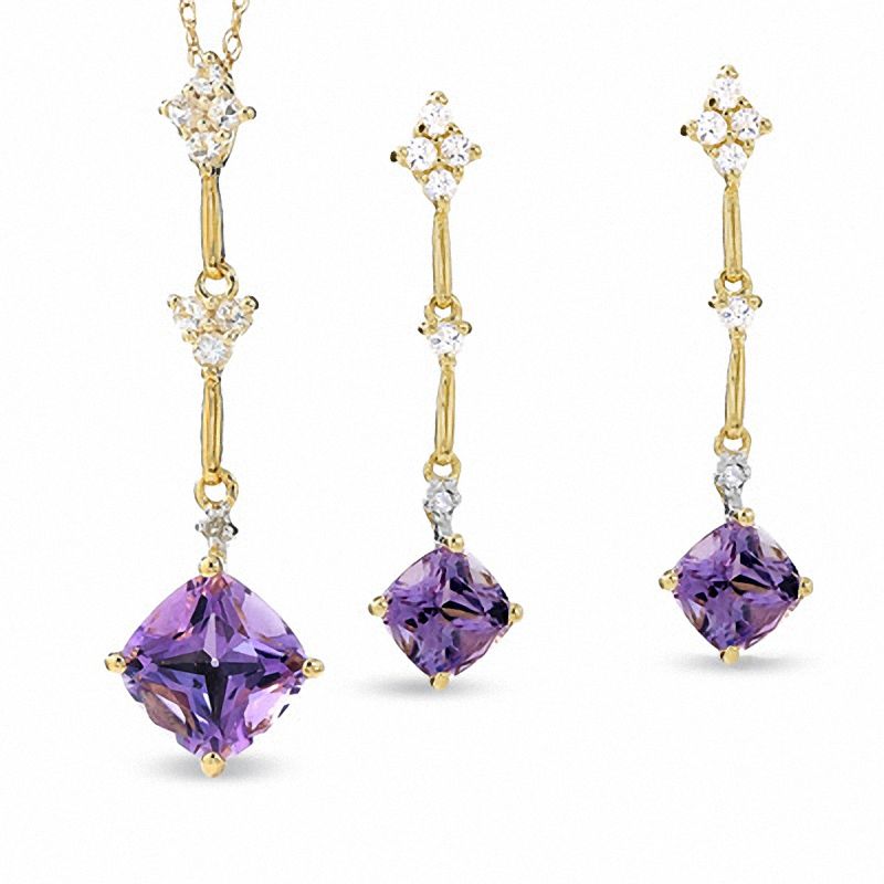 Cushion-Cut Amethyst and White Topaz Kite-Shaped Pendant and Earring Set in 10K Gold with Diamond Accents