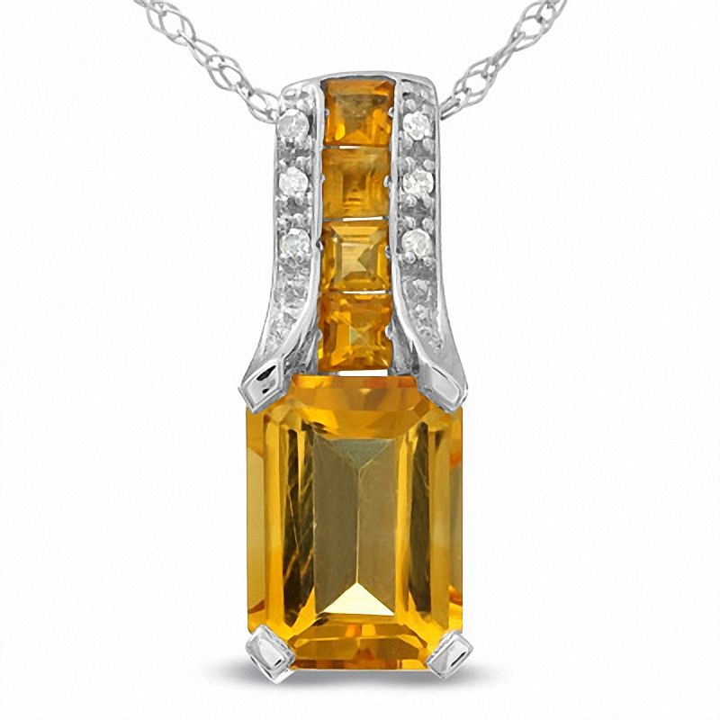 Octagonal Citrine Bridge Pendant in 10K White Gold with Diamond Accents