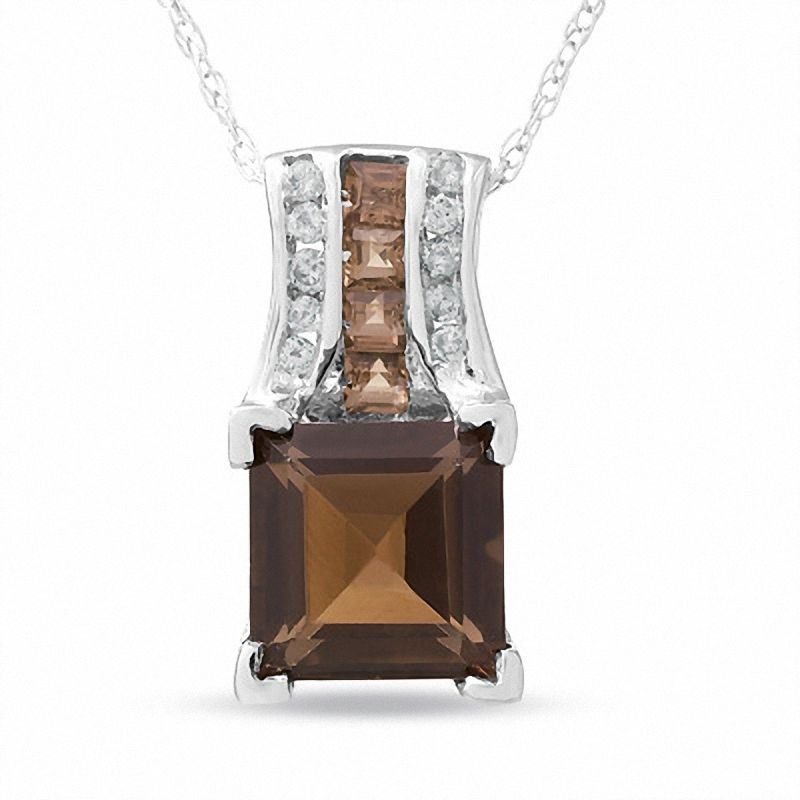 Square Smoky Quartz Bridge Pendant in 10K White Gold with Diamond Accents