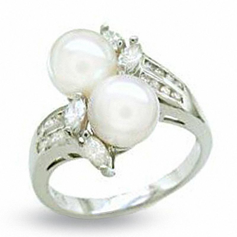 Main Image 1 of Cultured Akoya Double Pearl and Diamond Accent Ring in 14K White Gold
