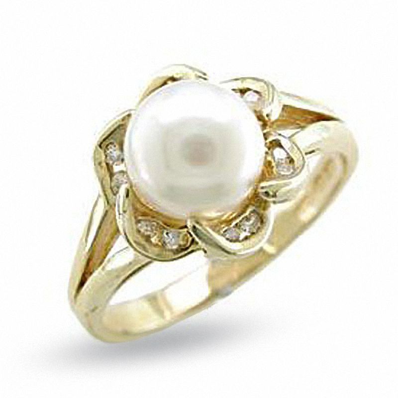 Main Image 1 of Akoya Cultured Pearl Flower Ring in 14K Gold with Diamond Accents