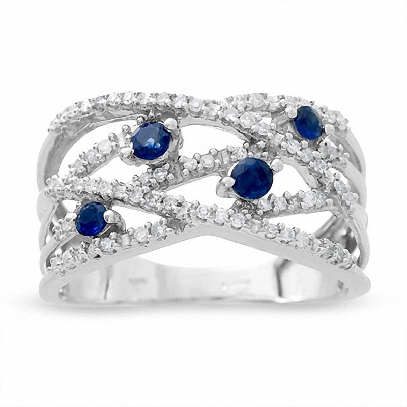 Main Image 1 of Blue Sapphire and Diamond Orbit Band in 14K White Gold - Size 7