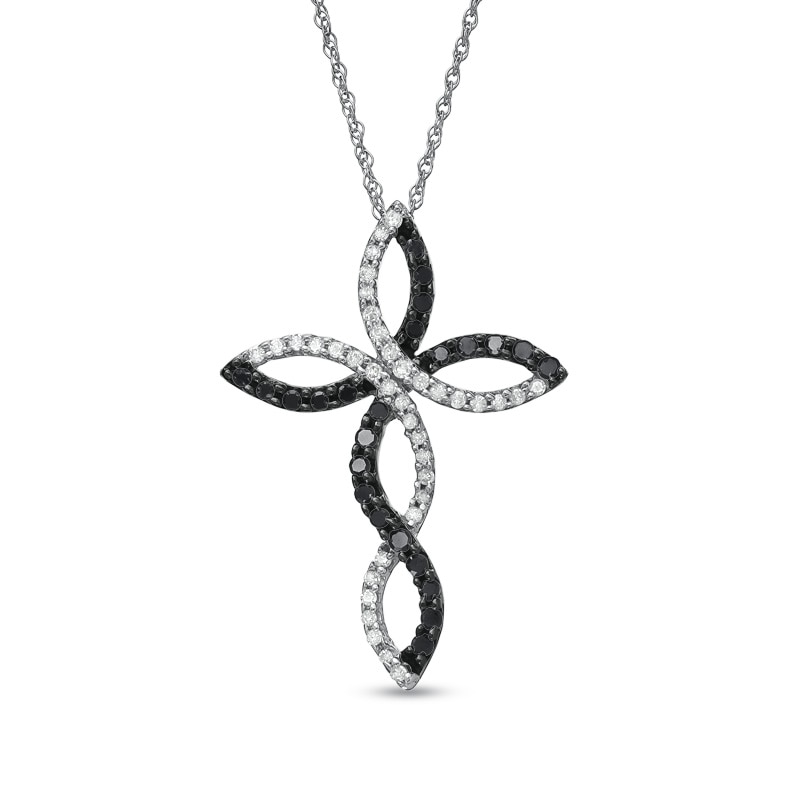 Main Image 1 of 1/3 CT. T.W. Enhanced Black and White Diamond Twine Cross Pendant in 10K White Gold