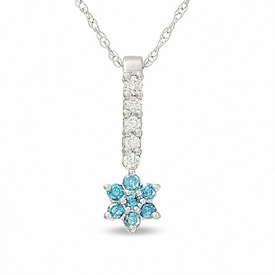 1/4 CT. T.w. Enhanced Blue & White Diamond Flower Drop Pendant in 10K White Gold