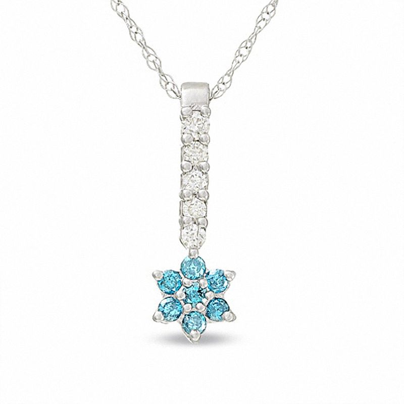 Main Image 1 of 1/4 CT. T.W. Enhanced Blue & White Diamond Flower Drop Pendant in 10K White Gold