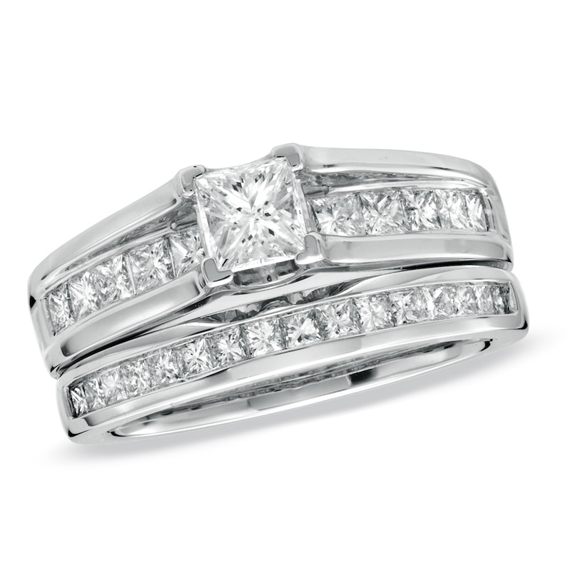 Main Image 1 of 1-1/2 CT. T.W. Princess-Cut Diamond Bridge Bridal Set in 14K White Gold