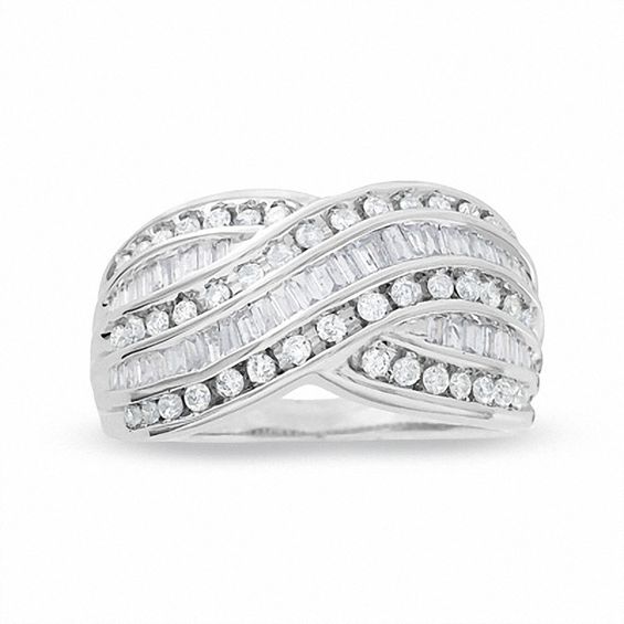 1 CT. T.w. Round and Baguette Diamond Crossover Ring in 10K White Gold