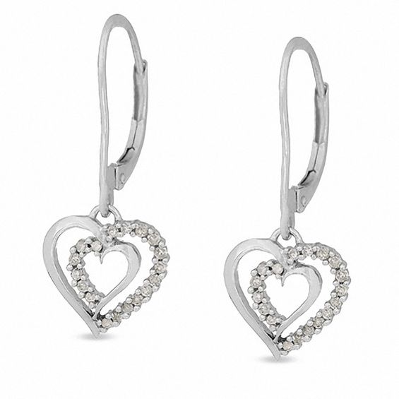 10K White Gold Leverback Double Heart Earrings with Diamond Accents
