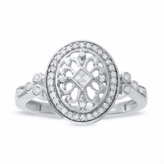 1/7 CT. T.w. Diamond Oval Antique-Finished Ring in 10K White Gold