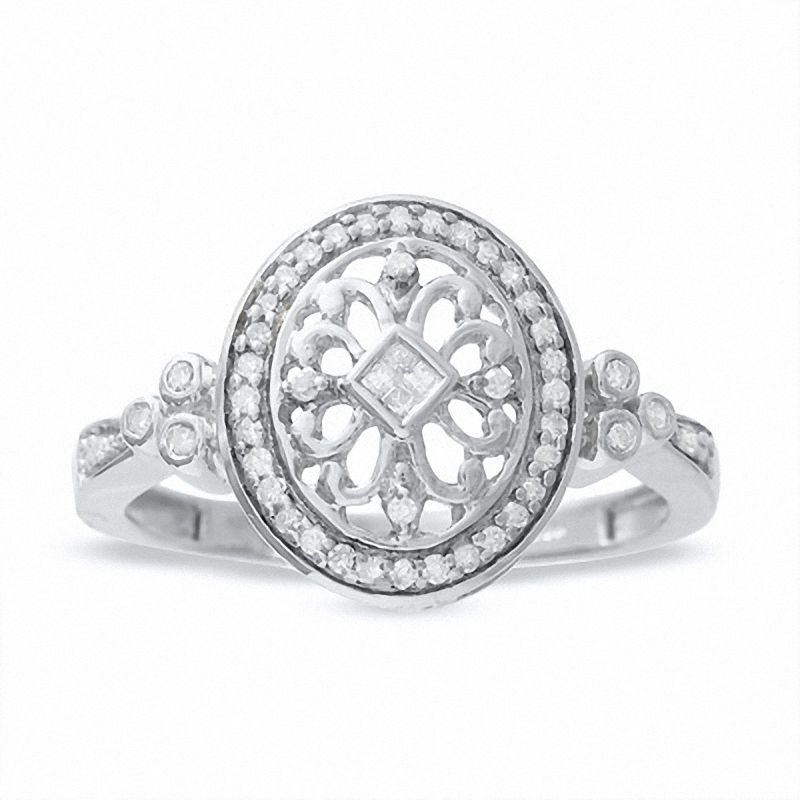 Main Image 1 of 1/7 CT. T.W. Diamond Oval Antique-Finished Ring in 10K White Gold