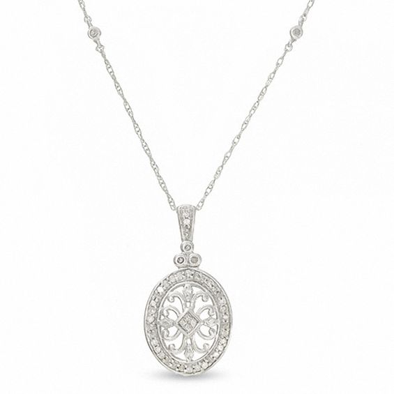 1/7 CT. T.w. Diamond Oval Antique-Finished Pendant in 10K White Gold