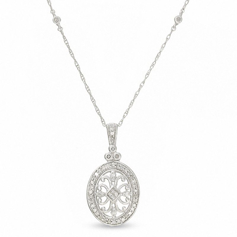 Main Image 1 of 1/7 CT. T.W. Diamond Oval Antique-Finished Pendant in 10K White Gold