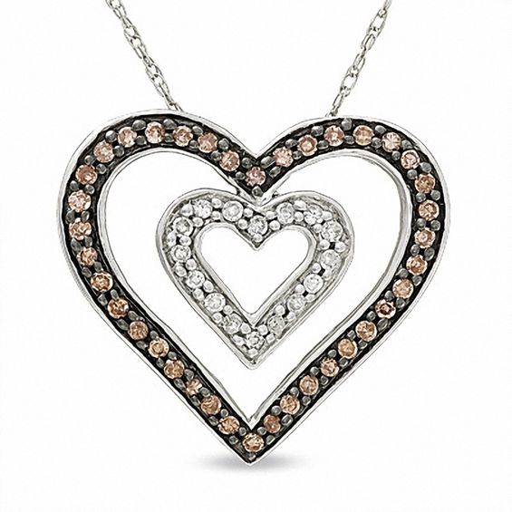 1/3 CT. T.w. Champagne and White Diamond Double Heart Pendant in 10K White Gold