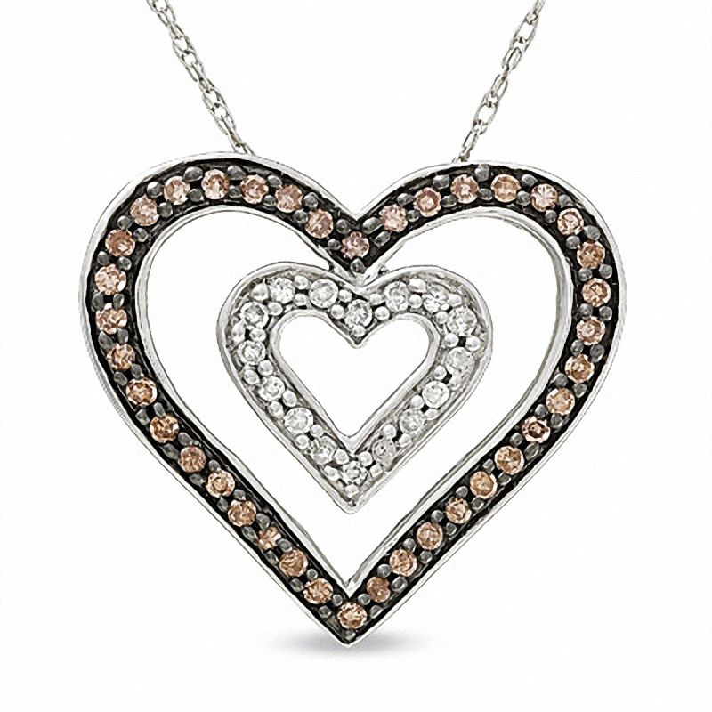 Main Image 1 of 1/3 CT. T.W. Champagne and White Diamond Double Heart Pendant in 10K White Gold