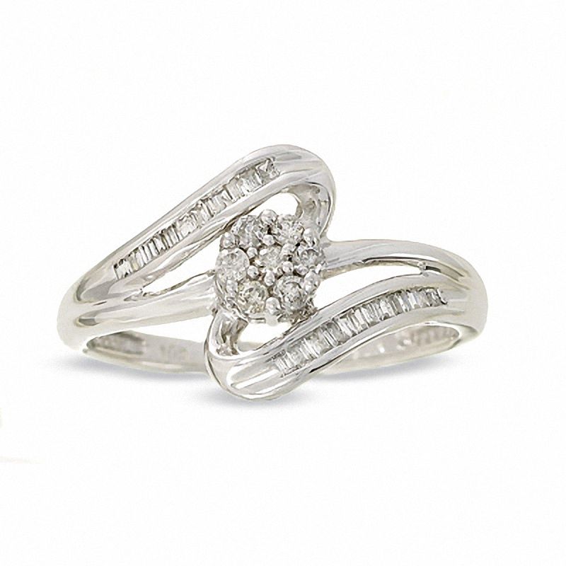 1/4 CT. T.W. Diamond Bypass Flower Ring in 10K White Gold