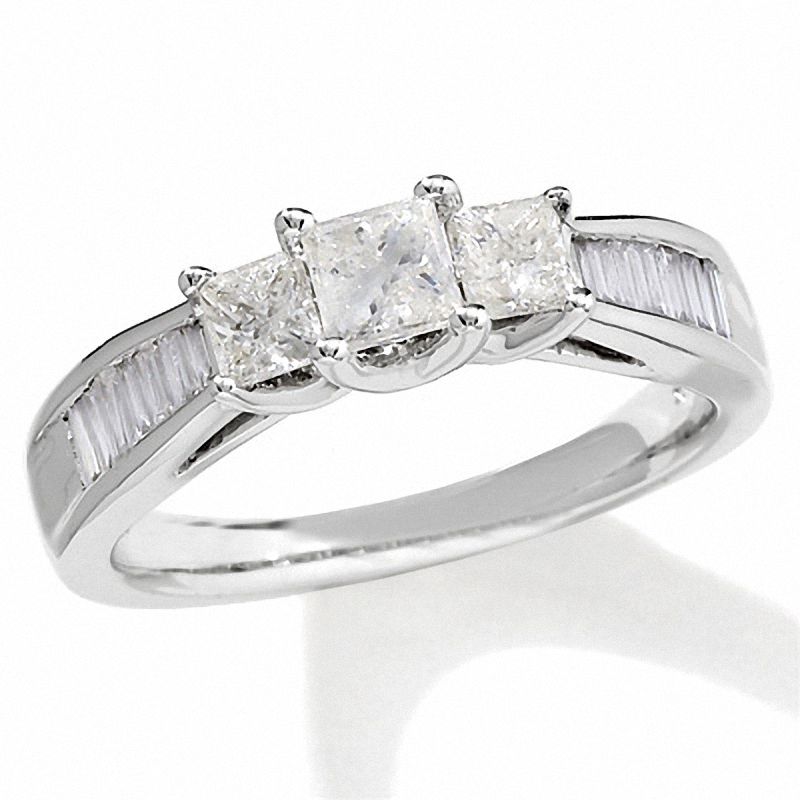 Main Image 1 of 1-1/2 CT. T.W. Princess-Cut Diamond Three Stone Ring in 14K White Gold