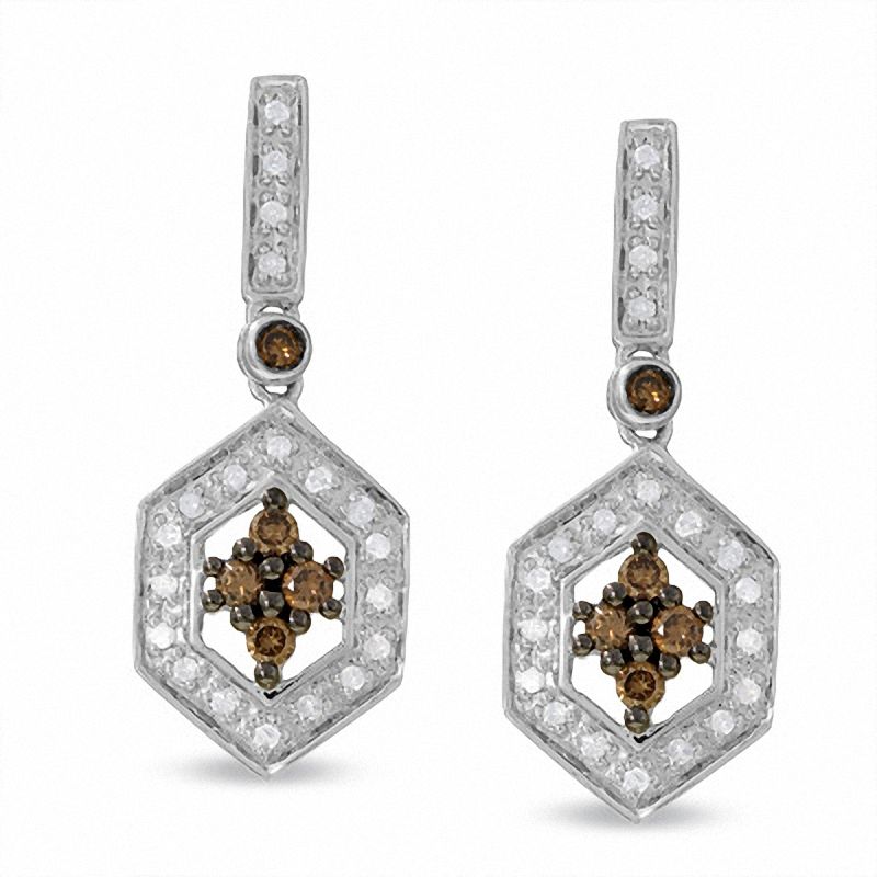 Main Image 1 of 1/3 CT. T.W. Champagne and White Diamond Hexagon Earrings in 14K White Gold