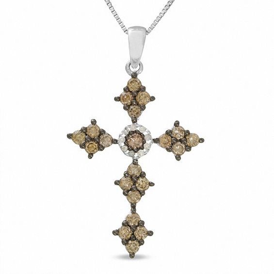 5/8 CT. T.w. Champagne and White Diamond Cross Pendant in 14K White Gold