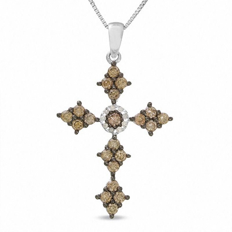 Main Image 1 of 5/8 CT. T.W. Champagne and White Diamond Cross Pendant in 14K White Gold