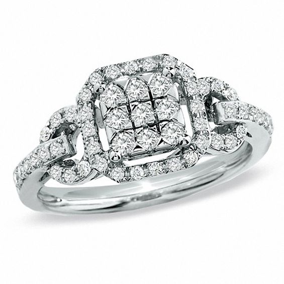 1/2 CT. T.w. Princess-Shaped Multi-Diamond Frame Belt Buckle Ring in 14K White Gold