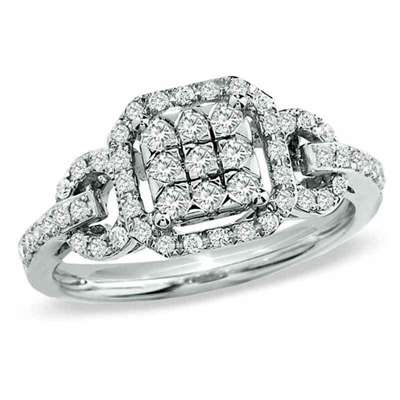 Main Image 1 of 1/2 CT. T.W. Princess-Shaped Multi-Diamond Frame Belt Buckle Ring in 14K White Gold