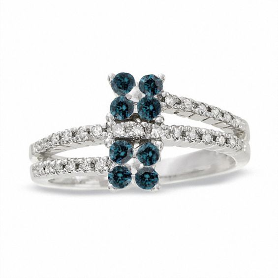 1/2 CT. T.w. Enhanced Blue & White Diamond Flower Ring in 14K White Gold