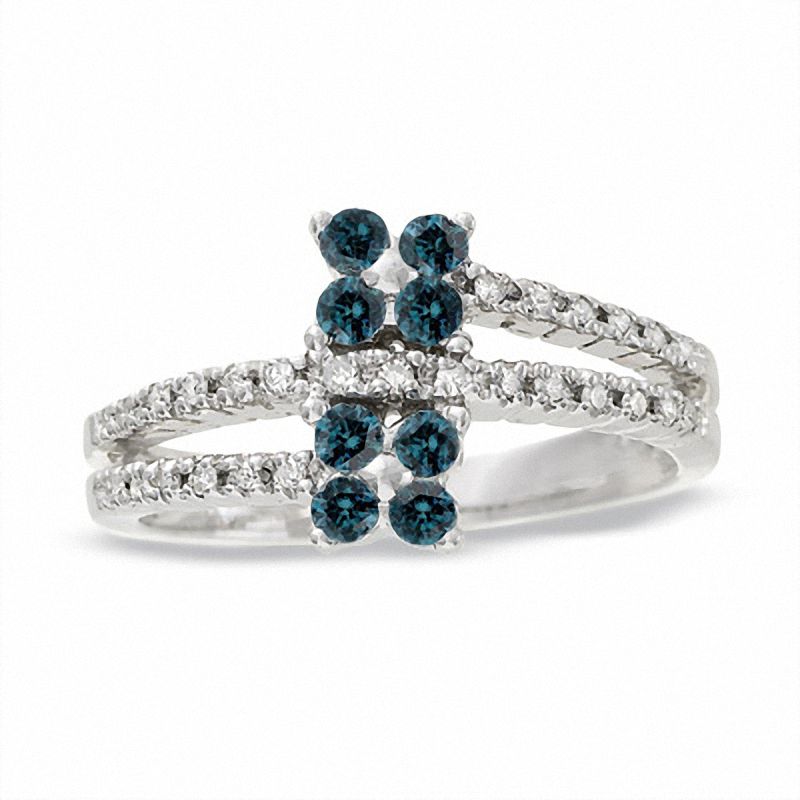 Main Image 1 of 1/2 CT. T.W. Enhanced Blue & White Diamond Flower Ring in 14K White Gold