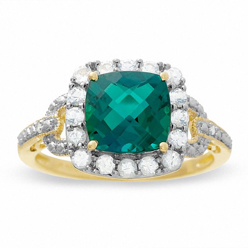 Main Image 1 of Cushion-Cut Lab-Created Emerald Frame Ring in 10K Gold with White Sapphire and Diamond Accents