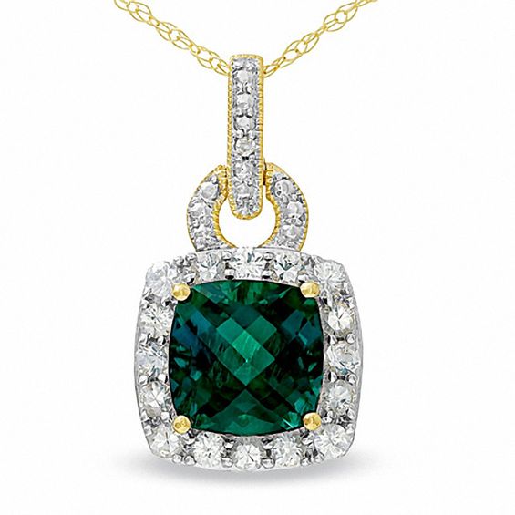 Cushion-Cut Lab-Created Emerald Frame Pendant in 10K Gold with White Sapphire and Diamond Accents