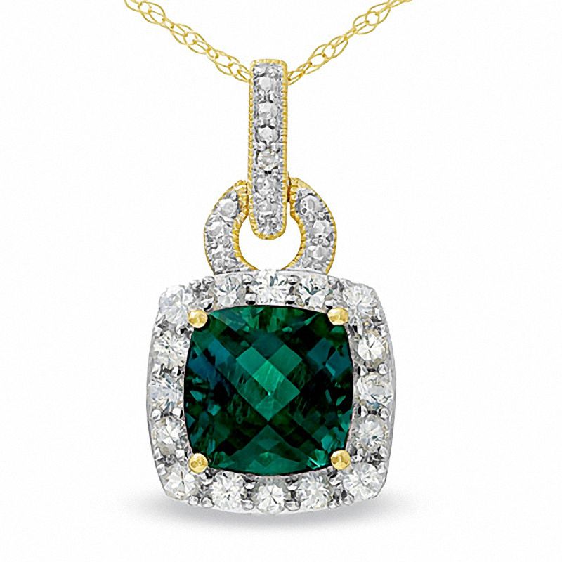 Main Image 1 of Cushion-Cut Lab-Created Emerald Frame Pendant in 10K Gold with White Sapphire and Diamond Accents