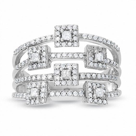 1/2 CT. T.w. Diamond Four Row Square Ring in 14K White Gold