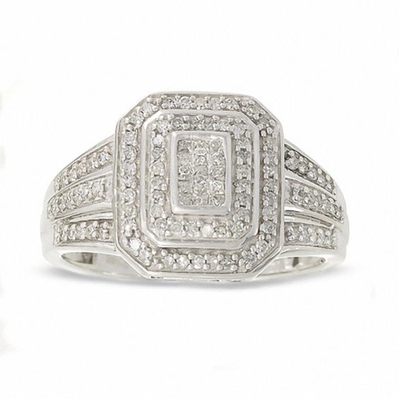 1/3 CT. T.w. Framed Emerald-Shaped Diamond Ring in 10K White Gold