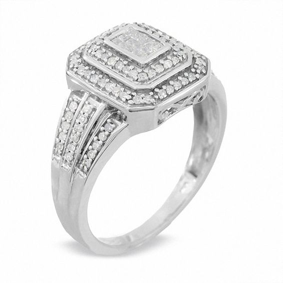 1/3 CT. T.w. Framed Emerald-Shaped Diamond Ring in 10K White Gold