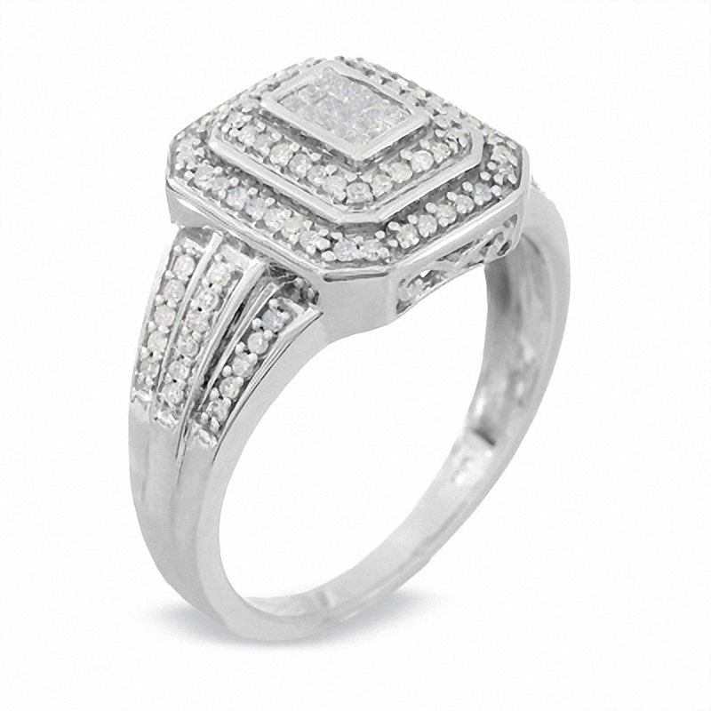 Main Image 2 of 1/3 CT. T.W. Framed Emerald-Shaped Diamond Ring in 10K White Gold