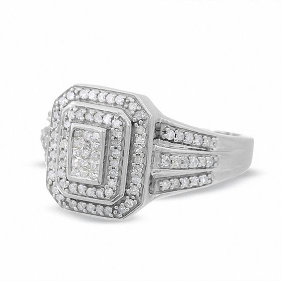 1/3 CT. T.w. Framed Emerald-Shaped Diamond Ring in 10K White Gold